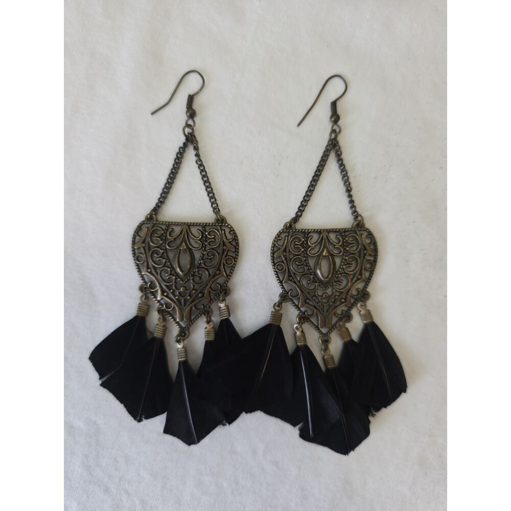 Bohemian Tribal Earrings Intricate Bronze Tone Filigree Cascading Feather Tassel